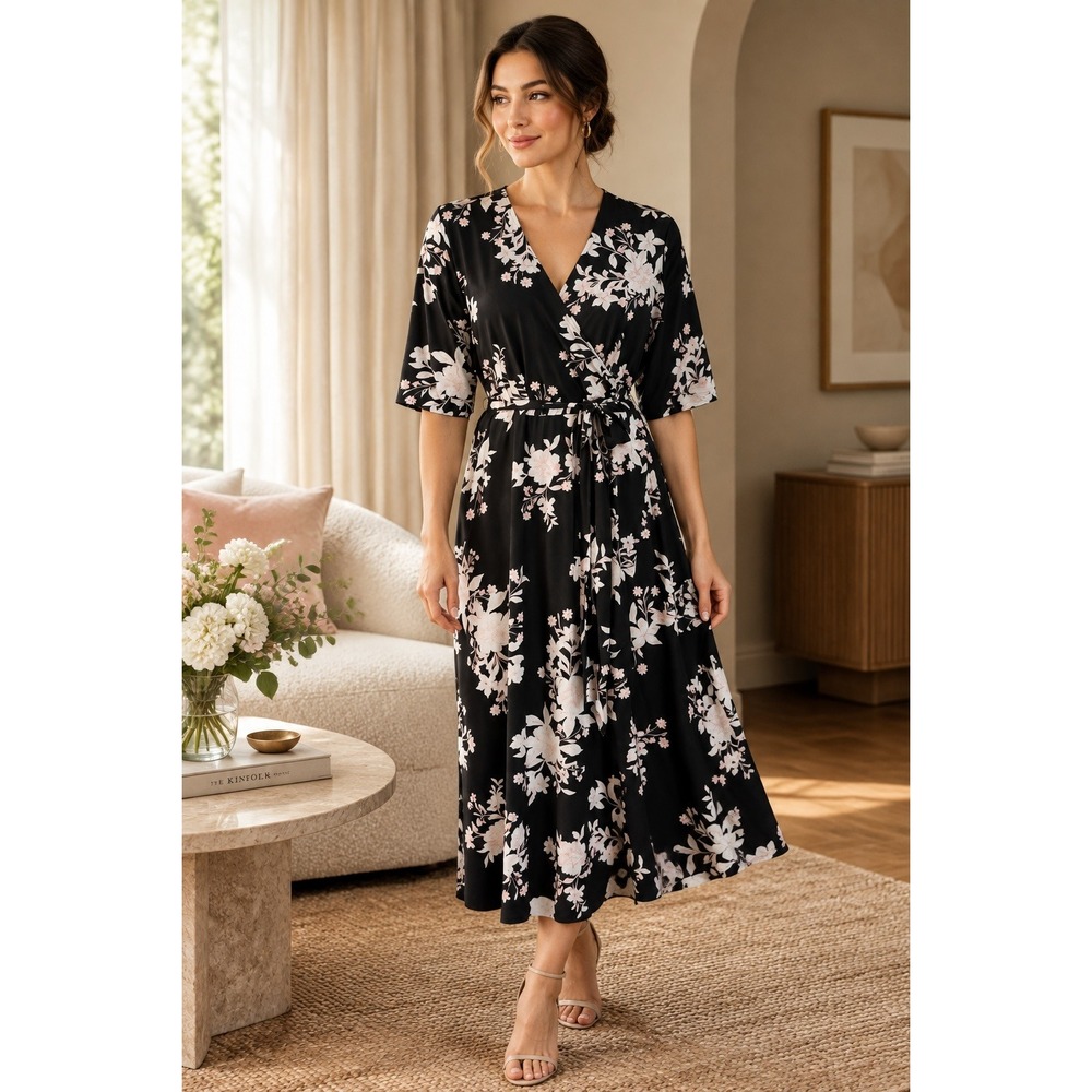 Torrid Floral Faux Wrap Midi Dress Short Sleeve Pockets 2X Black #362B